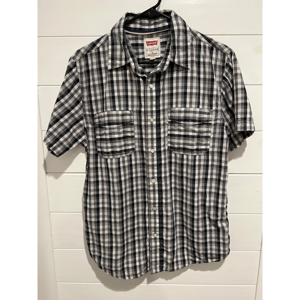 MENS LEVIS MODERN FIT SMALL GRAY CHECK SHORT SLEEVE PEARL SNAP WESTERN SHIRT
